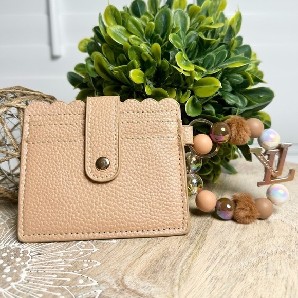 Accessories - Card Holder Wristlet with Handmade Beaded Keychain in Tan